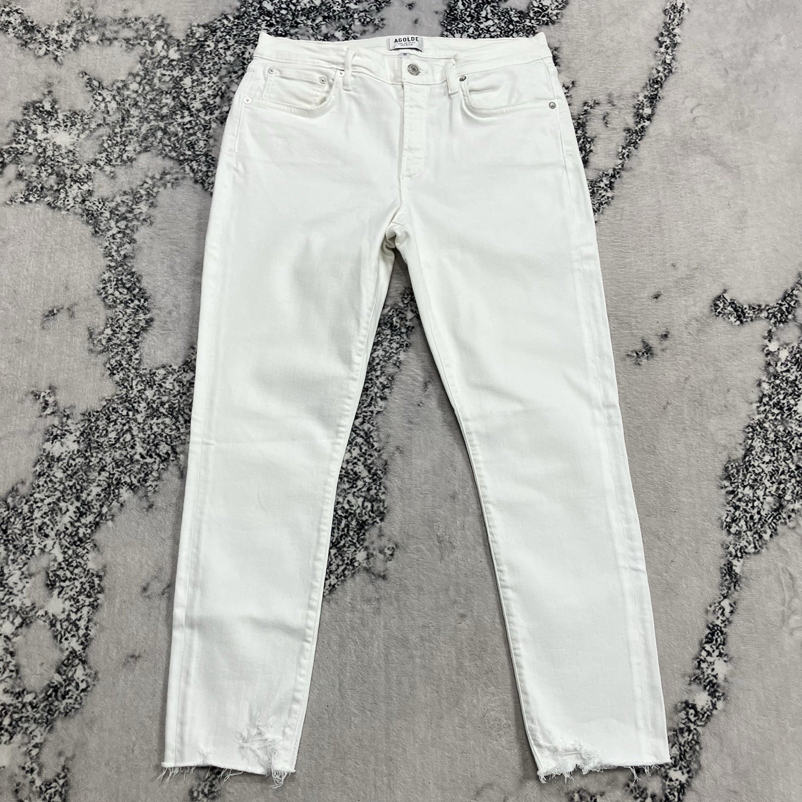 Agolde White Straight Leg Jeans Raw Hem High Rise Stretch Denim Size 30